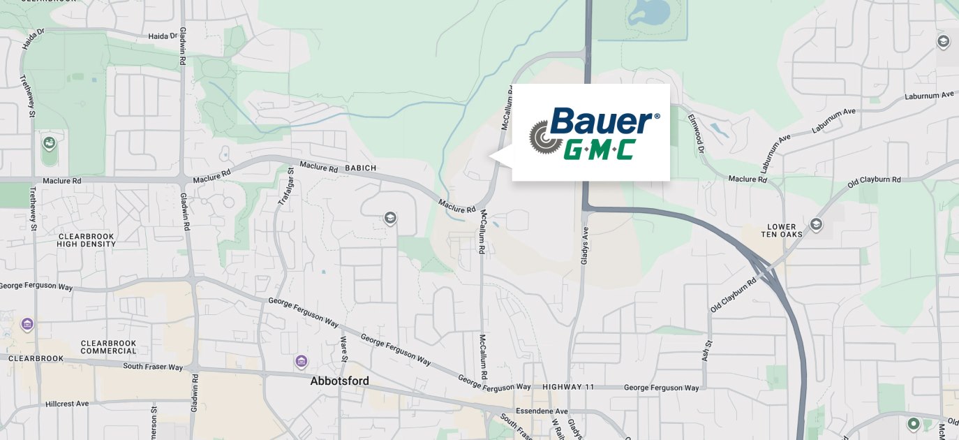 Map showing the Bauer GMC Western Canada office in Abbotsford