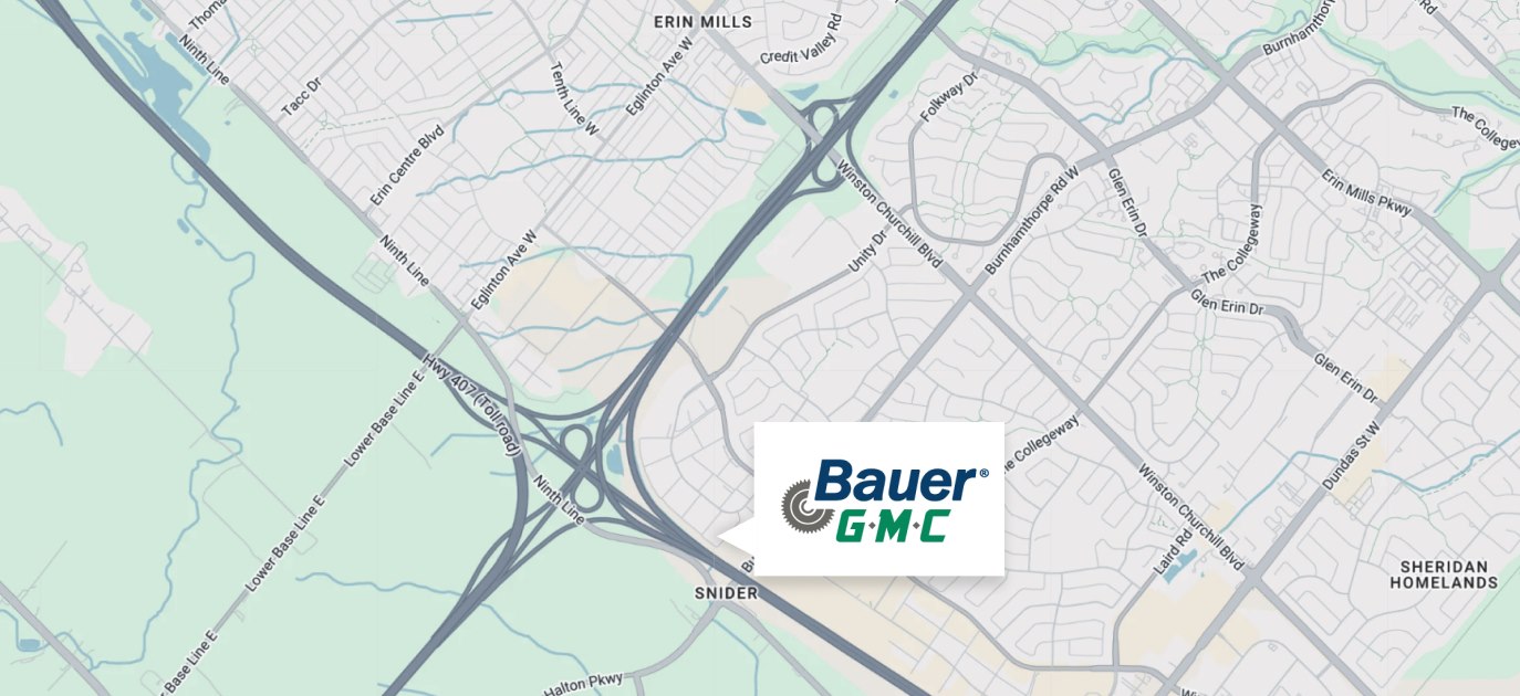 Map showing the Bauer GMC Ontario headquarters in Mississauga